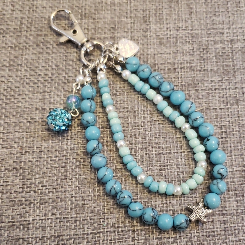 Faux Turquoise Beaded Bag Charm with Silver and Pearl Accents